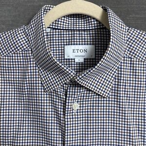 Eton Shirt L 17/43 Contemporary Brown Blue Gingham Fine Twill‎ Cotton Button